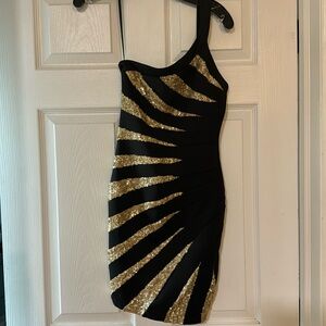Black mini gold sequin one shoulder cocktail dress